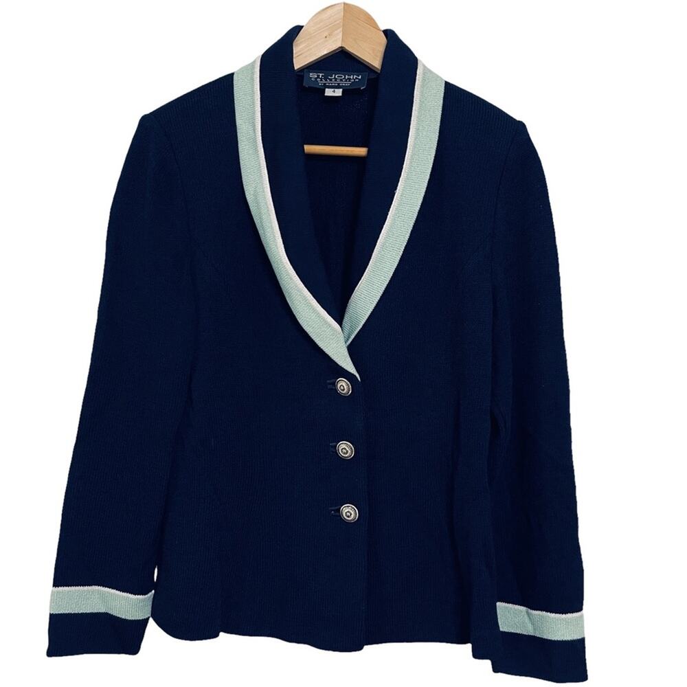 St. John By Marie Gray Santana Knit Shawl Collar Jacket Blazer Navy Size 4 - Picture 1 of 8